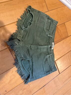 We The Free Olive Green Distressed Denim Cutoff Shorts